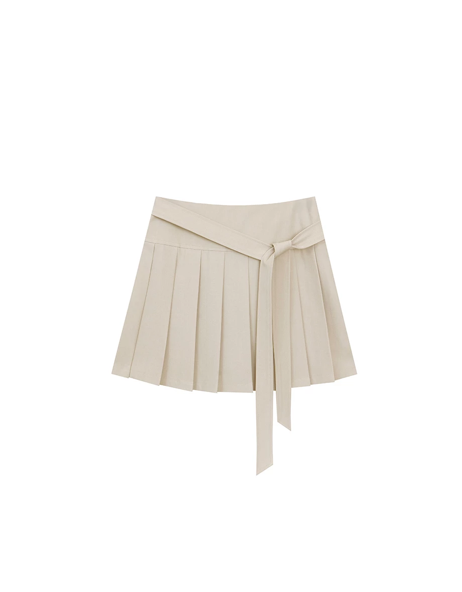 High Waist Pleated Mini Skirt with Tie Detail