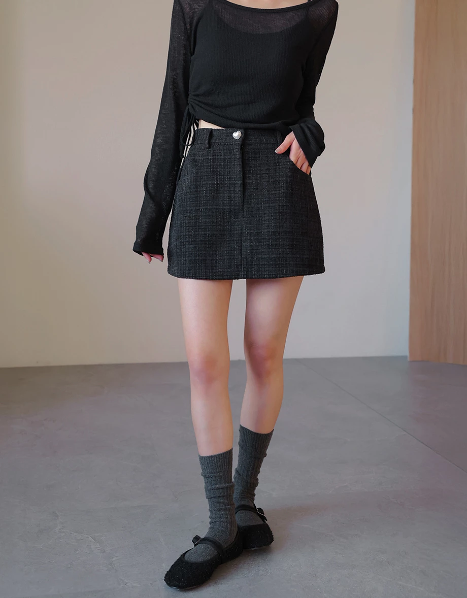 Check Tweed Textured Mini Skirt with Pockets