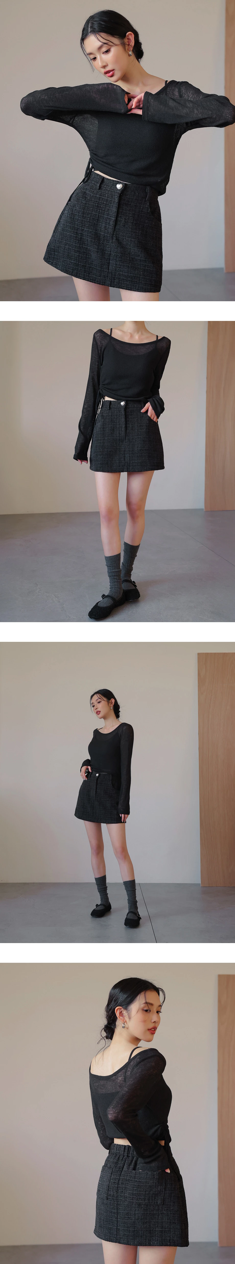 Check Tweed Textured Mini Skirt with Pockets