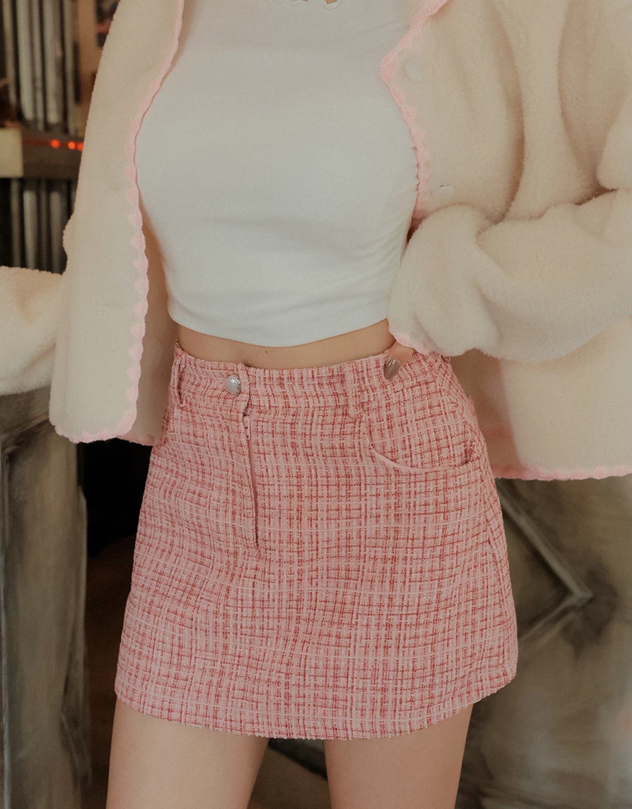 Check Tweed Textured Mini Skirt with Pockets