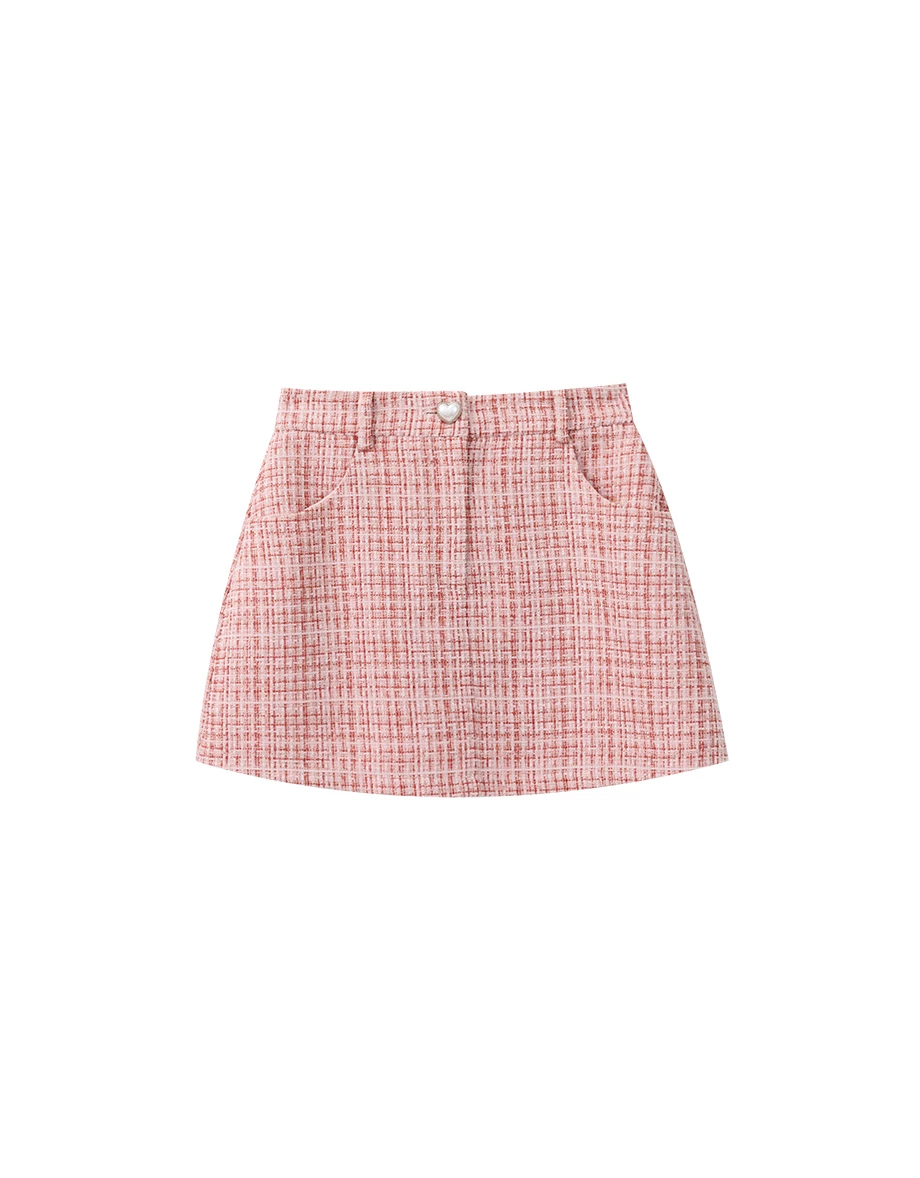 Check Tweed Textured Mini Skirt with Pockets