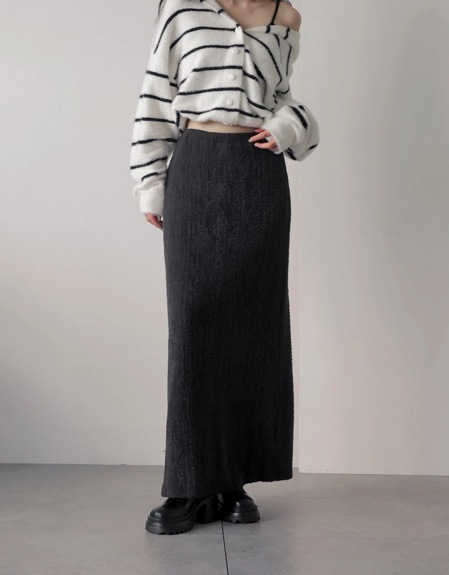 Fluffy Textured A Line Maxi Skirt with Elastic Waist