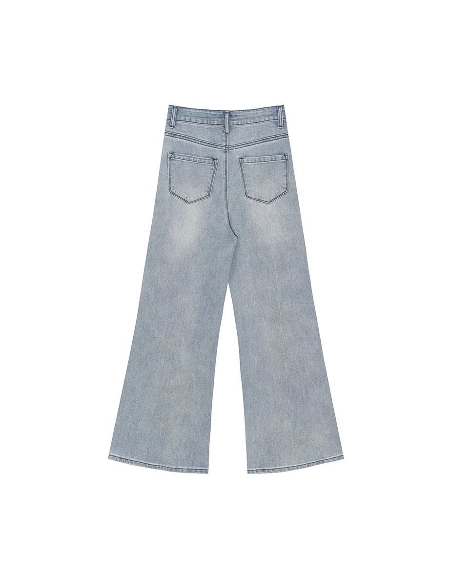 【Ling Cheng Design】Vintage Wash High Waist Jeans Denim Wide Leg Pants