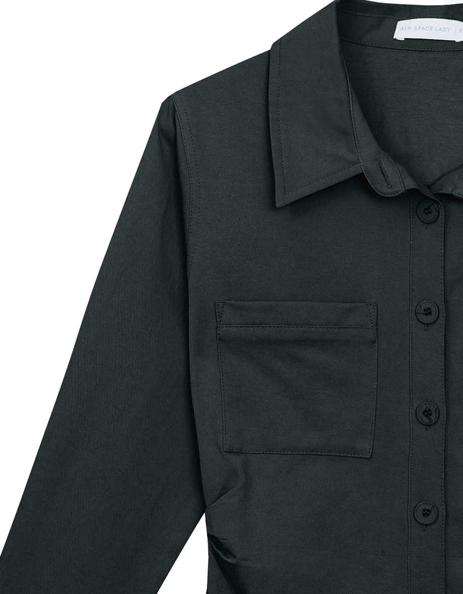 Fitted Waist Long Sleeve Button Down Shirt Dress