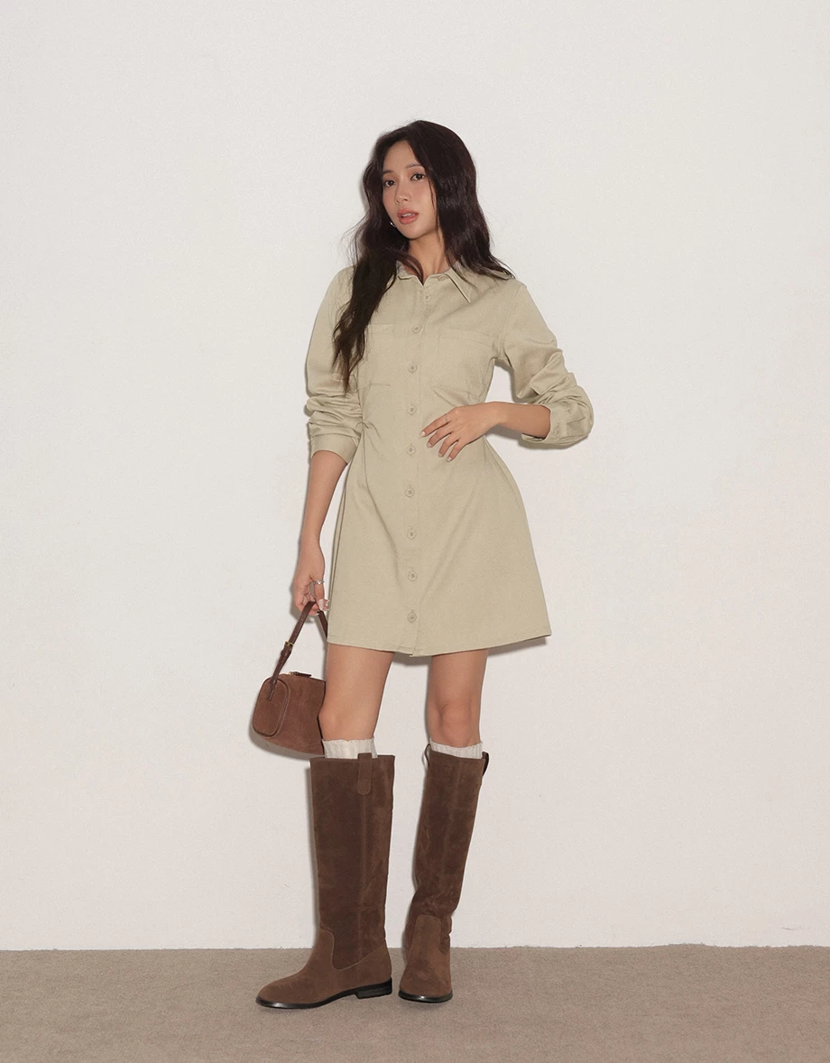 Fitted Waist Long Sleeve Button Down Shirt Dress