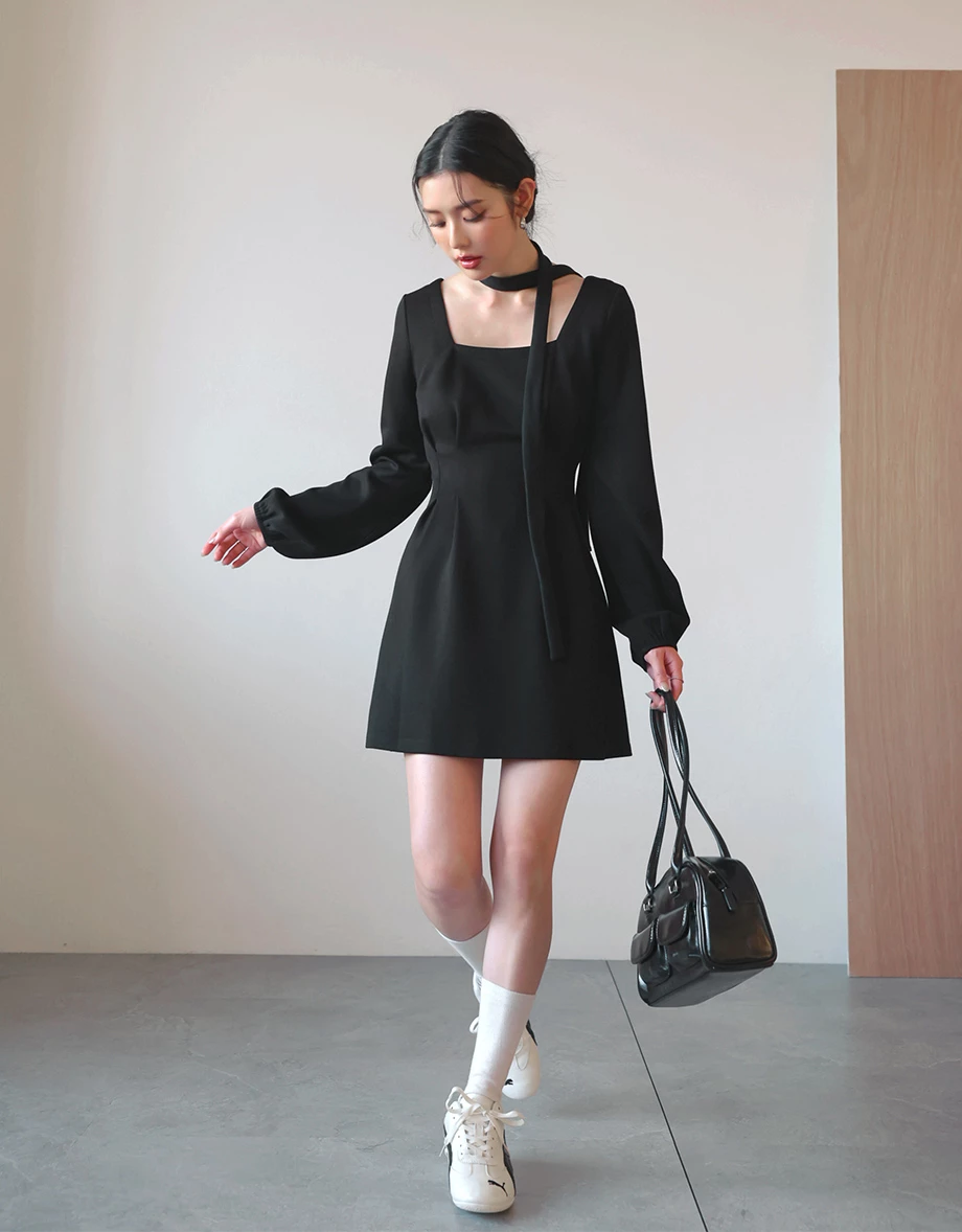Sculpted Waist Square Neck Mini Dress