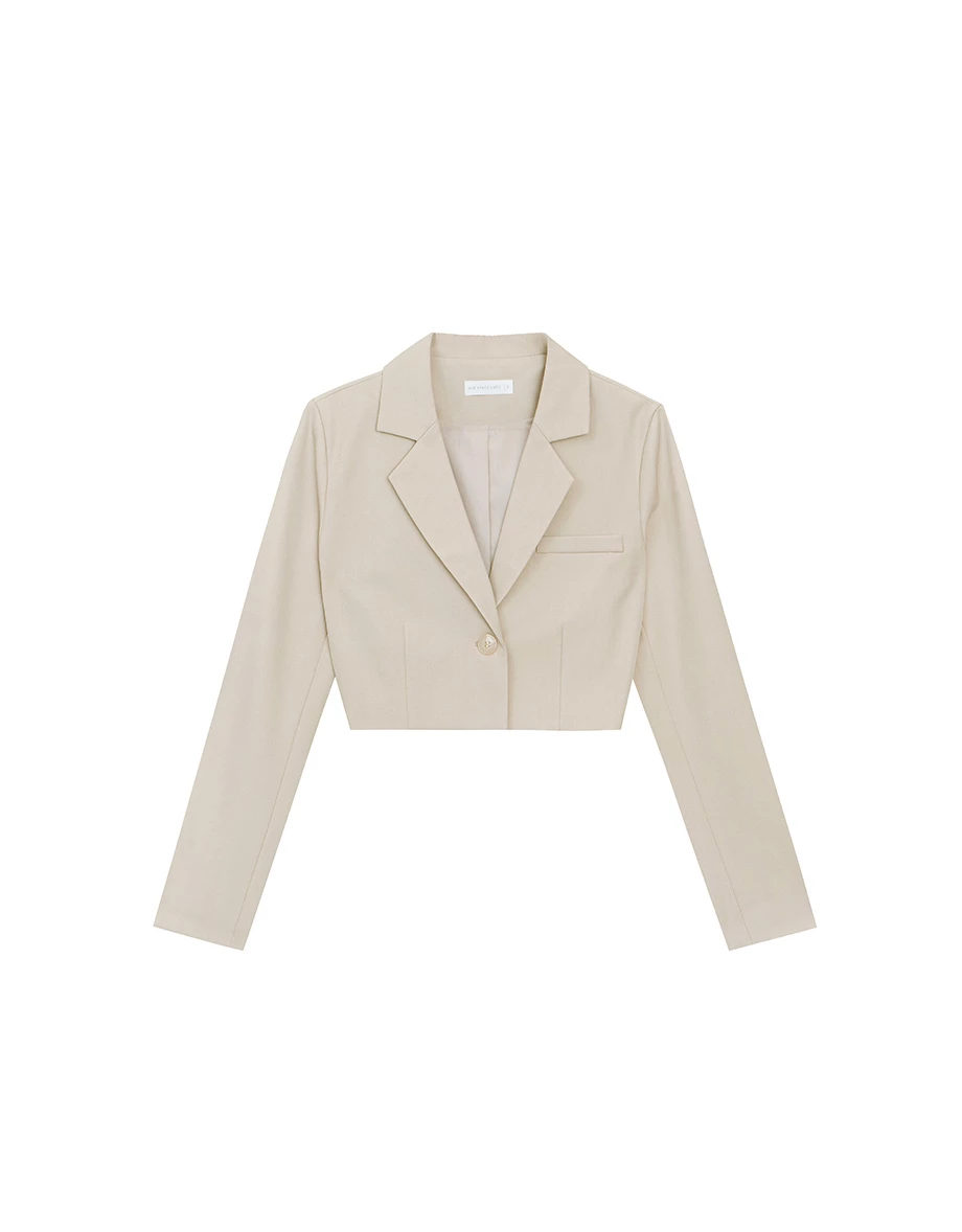 Cropped Tailored Blazer Jacket with Single Button Closure (with Shoulder Pads)