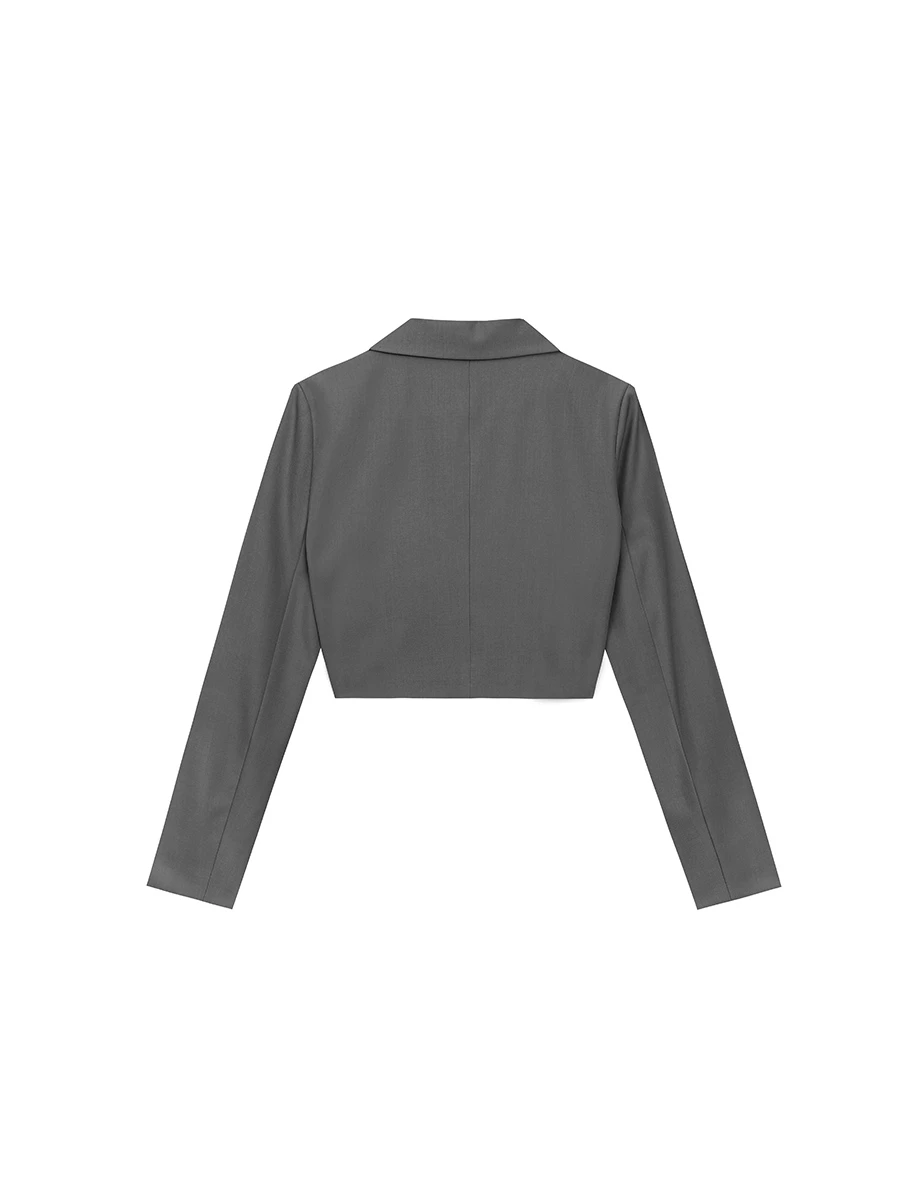 Cropped Tailored Blazer Jacket with Single Button Closure (with Shoulder Pads)