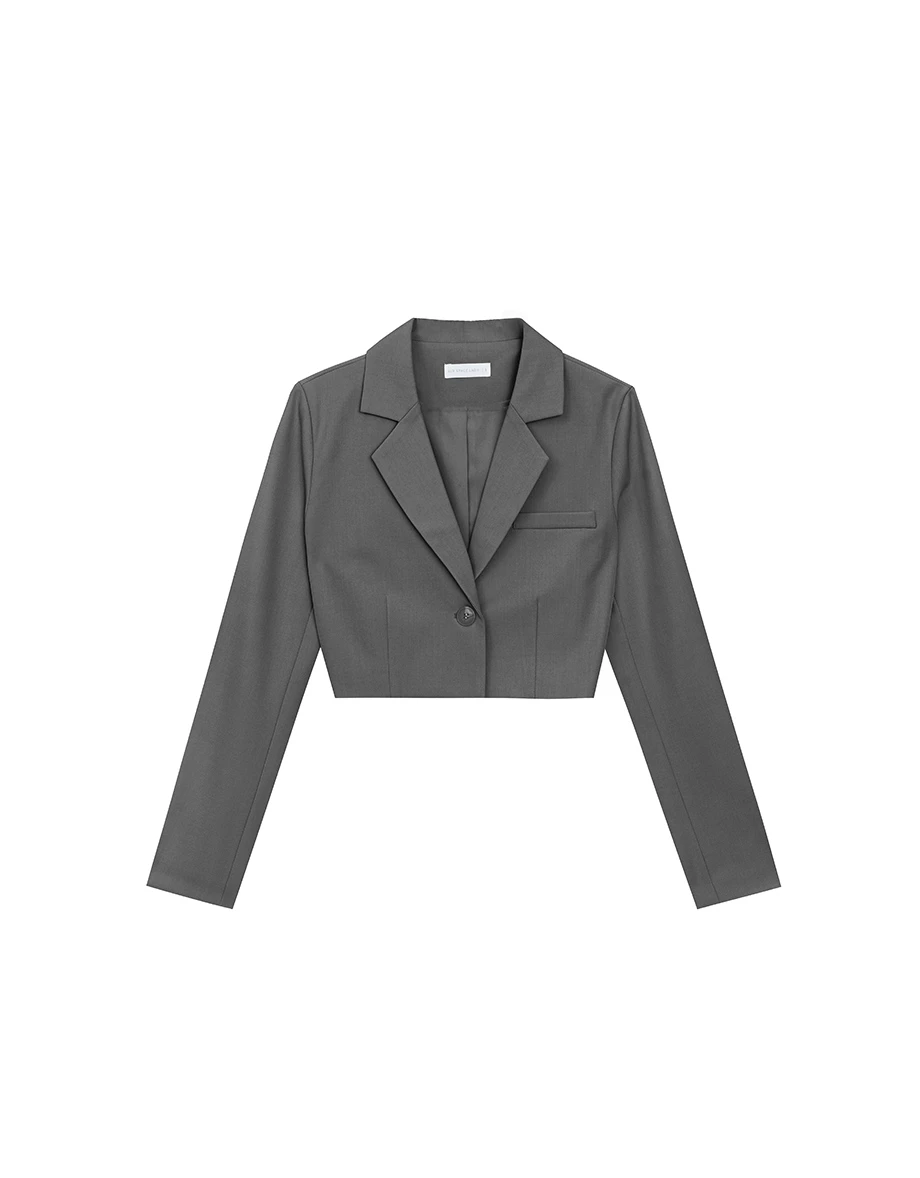 Cropped Tailored Blazer Jacket with Single Button Closure (with Shoulder Pads)