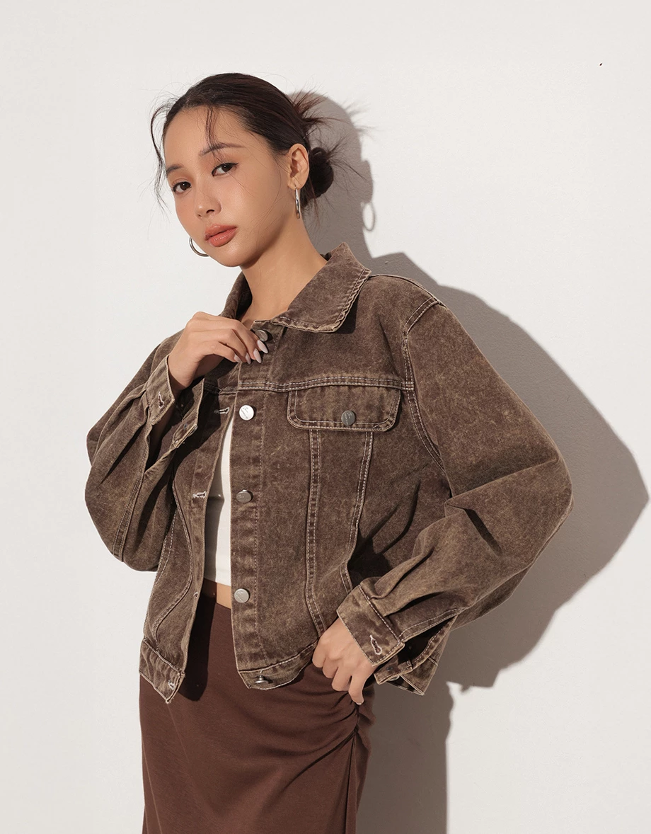 Classic Button Front Vintage Washed Jeans Denim Oversized Jacket