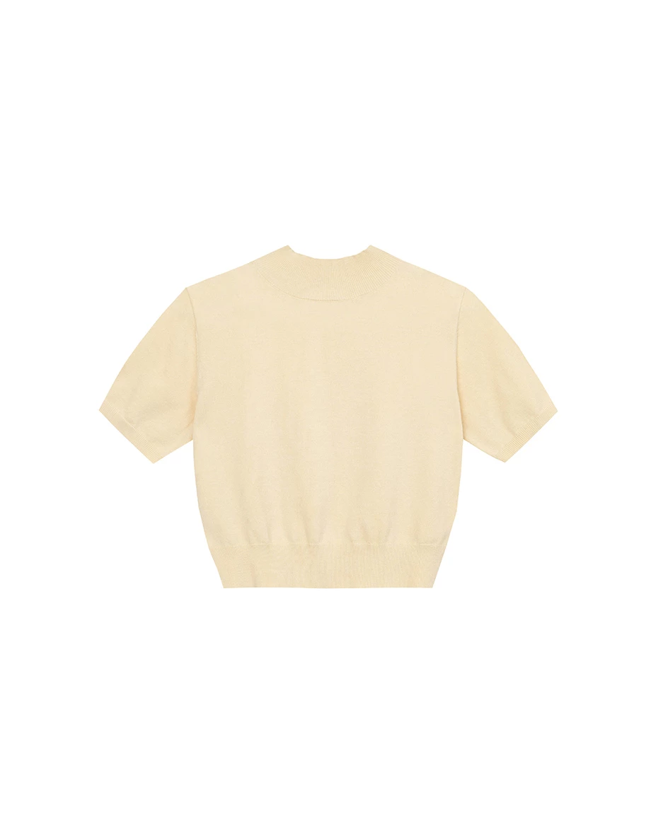【Ling Cheng Design】Mock Neck Short Sleeve Fitted Ribbed Knit Top
