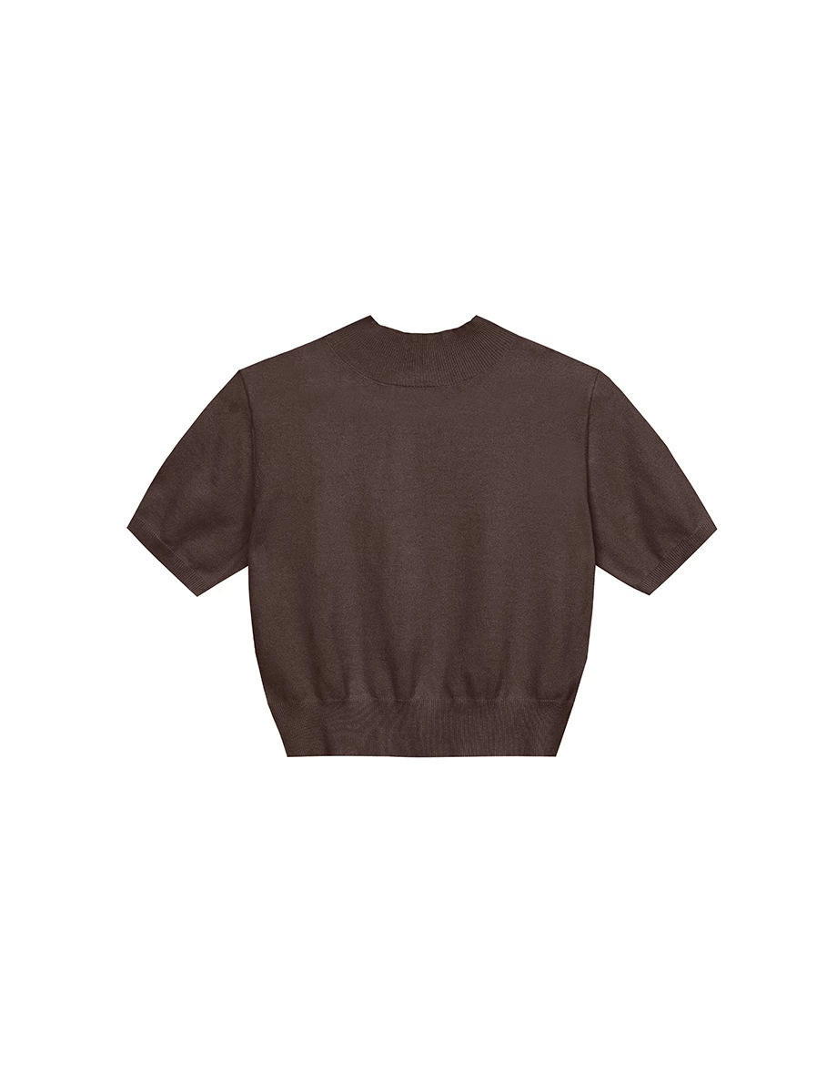 【Ling Cheng Design】Mock Neck Short Sleeve Fitted Ribbed Knit Top