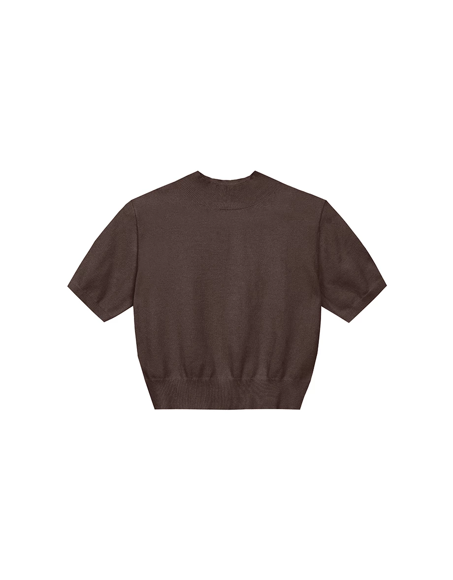 【Ling Cheng Design】Mock Neck Short Sleeve Fitted Ribbed Knit Top
