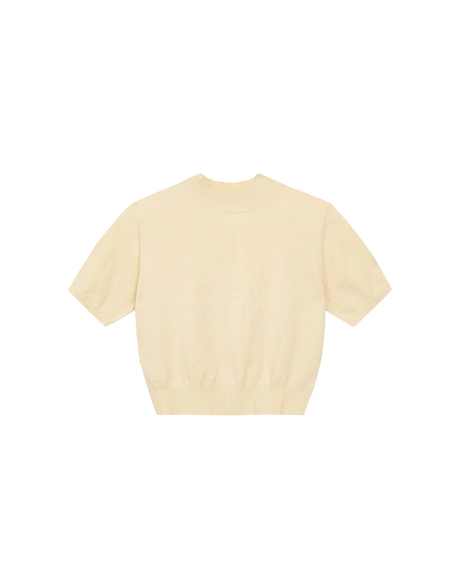 【Ling Cheng Design】Mock Neck Short Sleeve Fitted Ribbed Knit Top