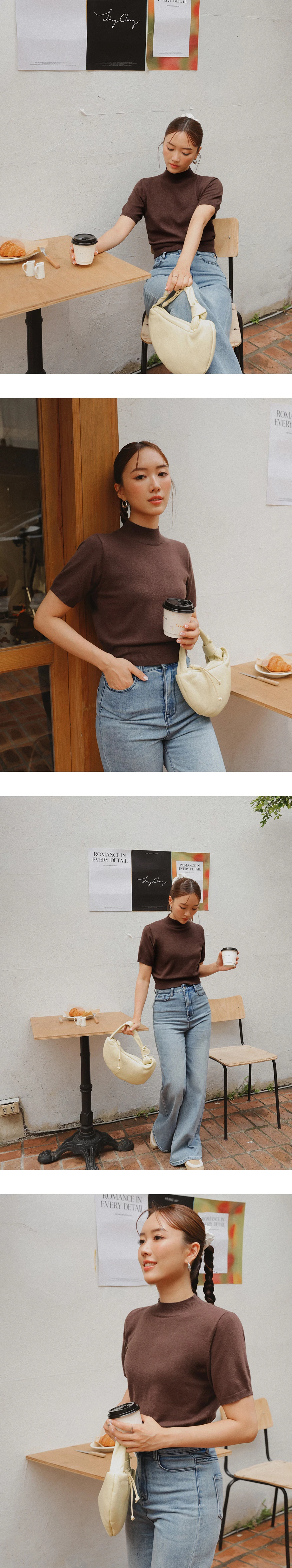 【Ling Cheng Design】Mock Neck Short Sleeve Fitted Ribbed Knit Top