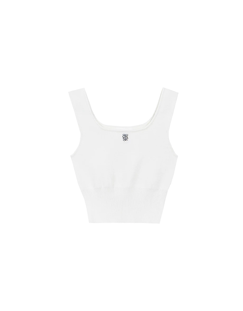 Square Neck Ribbed Knit Crop Tank Top with AIR SPACE Logo Embroidery