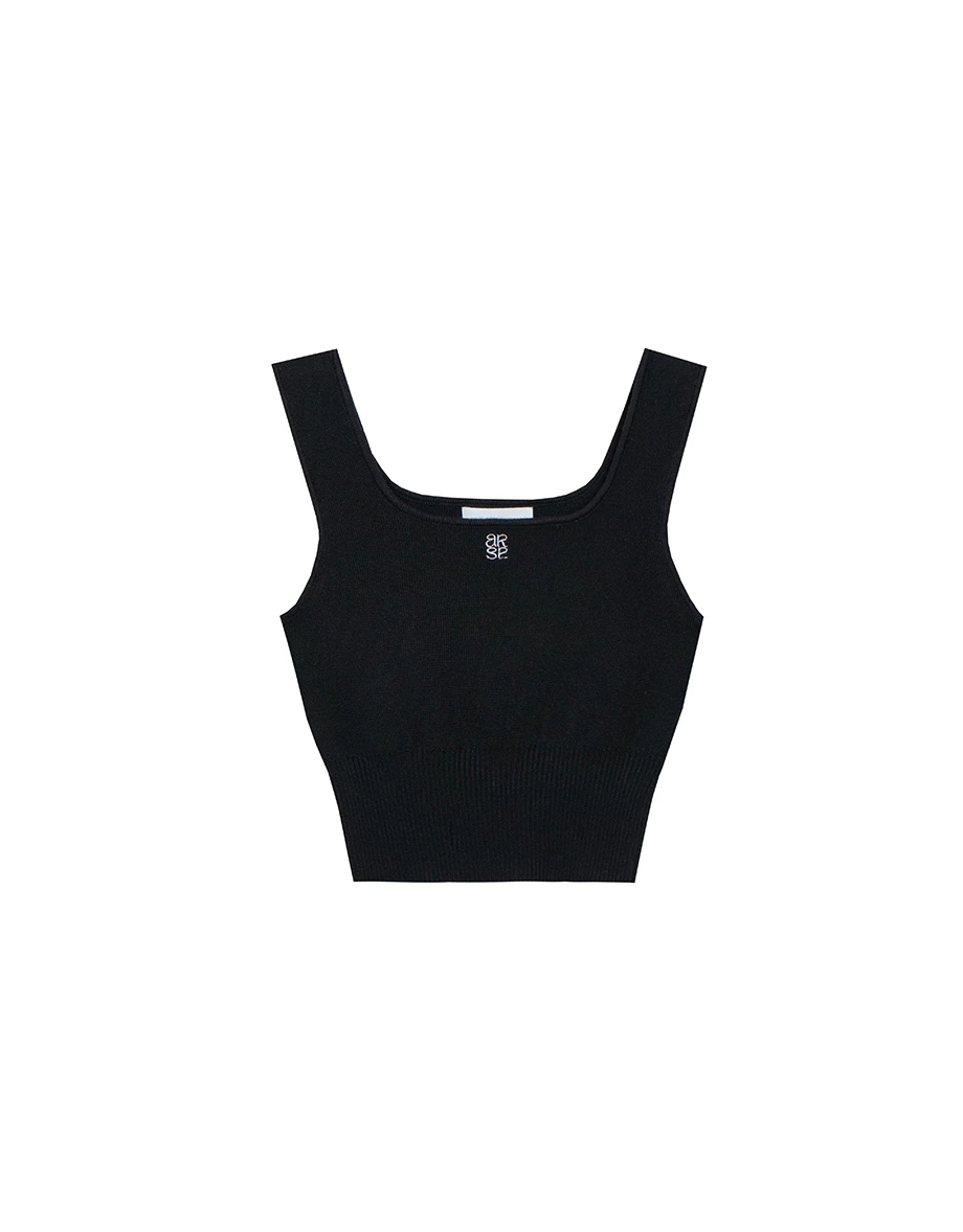 Square Neck Ribbed Knit Crop Tank Top with AIR SPACE Logo Embroidery