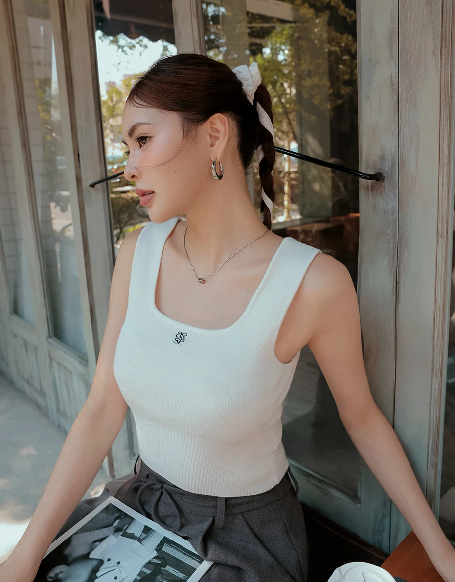 Square Neck Ribbed Knit Crop Tank Top with AIR SPACE Logo Embroidery
