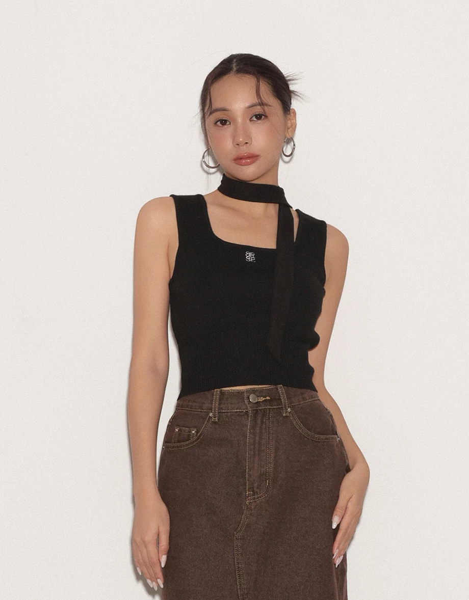 Square Neck Ribbed Knit Crop Tank Top with AIR SPACE Logo Embroidery