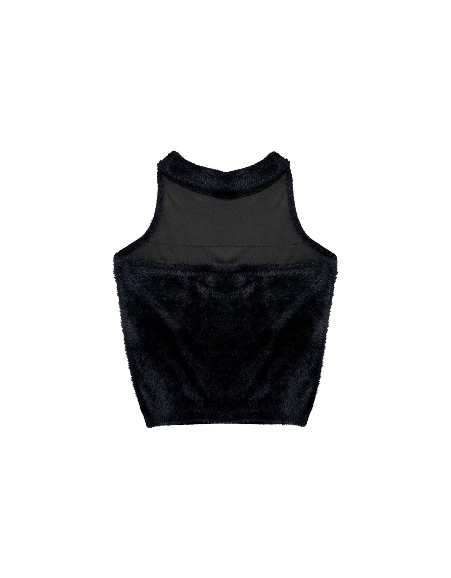 Fluffy Halter Neck Sleeveless Crop Padded Tank Top Fluffy Halter Neck Sleeveless Crop Padded Tank Top