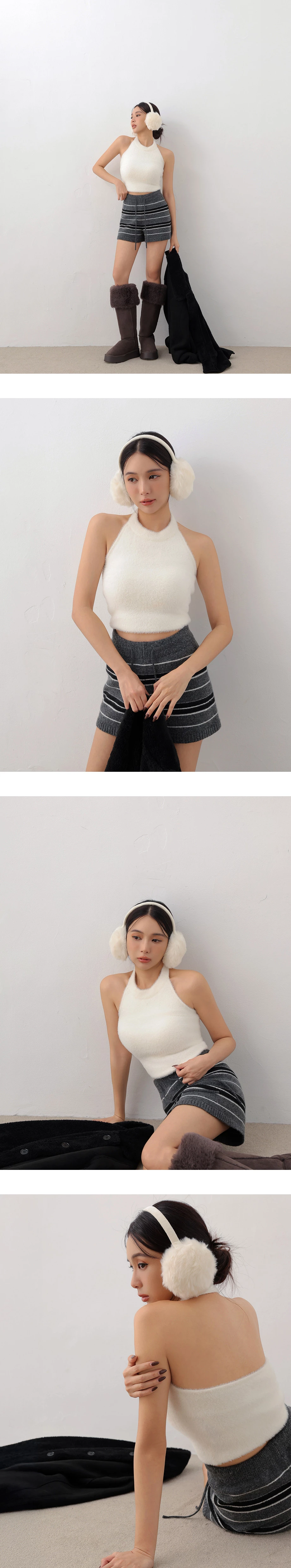 Fluffy Halter Neck Sleeveless Crop Padded Tank Top Fluffy Halter Neck Sleeveless Crop Padded Tank Top