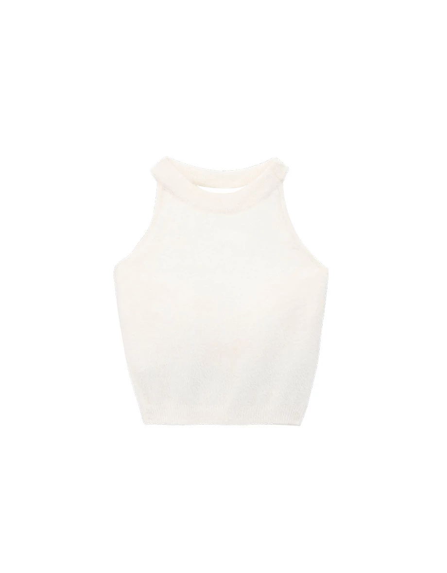 Fluffy Halter Neck Sleeveless Crop Padded Tank Top Fluffy Halter Neck Sleeveless Crop Padded Tank Top