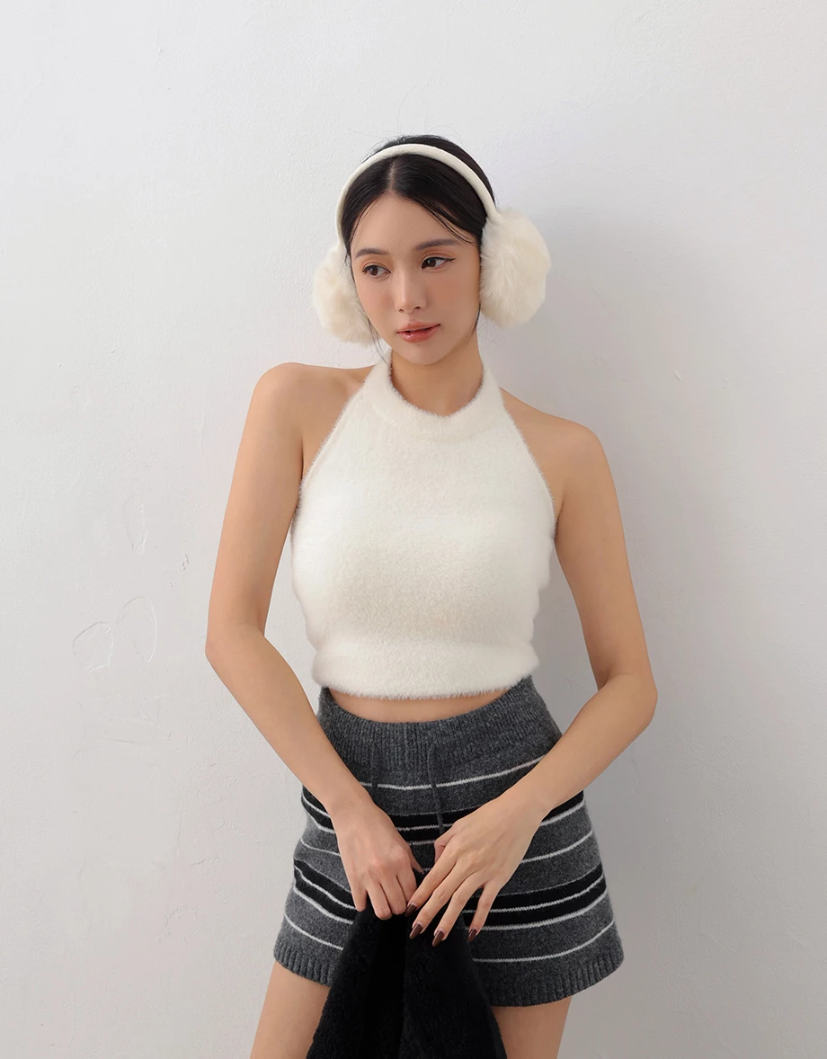 Fluffy Halter Neck Sleeveless Crop Padded Tank Top Fluffy Halter Neck Sleeveless Crop Padded Tank Top