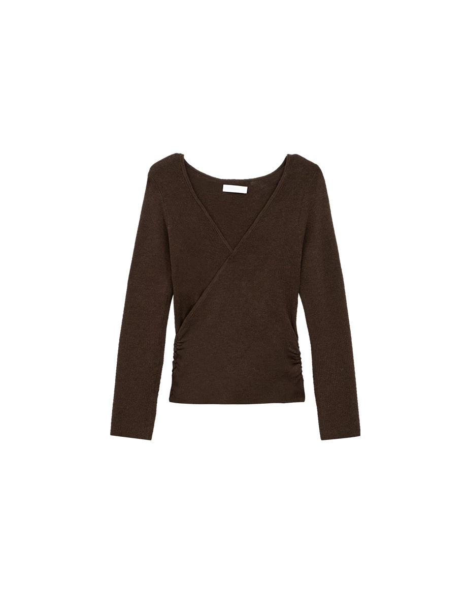 Soft Knit Wrap Front V Neck Long Sleeve Slim Fit Top