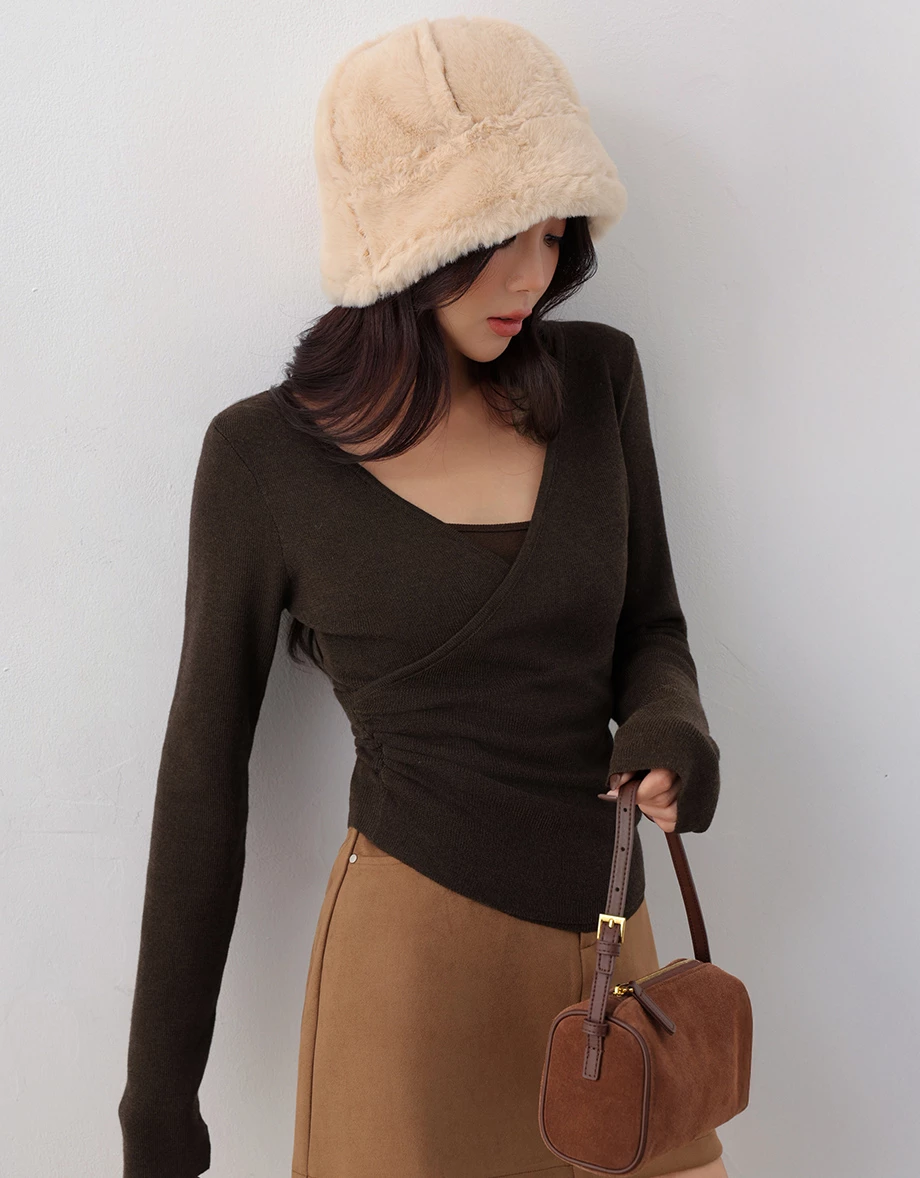 Soft Knit Wrap Front V Neck Long Sleeve Slim Fit Top