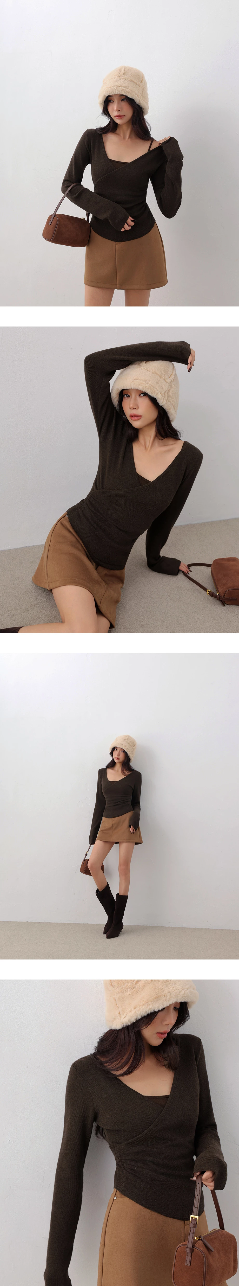 Soft Knit Wrap Front V Neck Long Sleeve Slim Fit Top