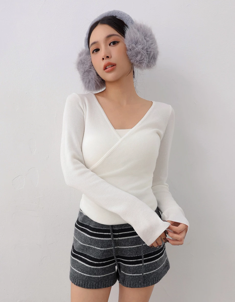 Soft Knit Wrap Front V Neck Long Sleeve Slim Fit Top