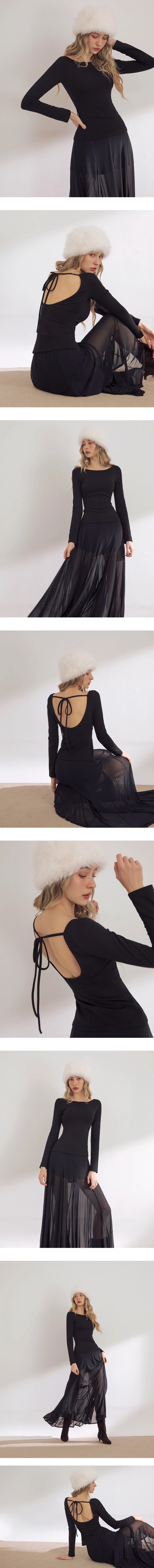 【Heat Tech】Open Back Tie Detail Long Sleeve Padded Bra Top