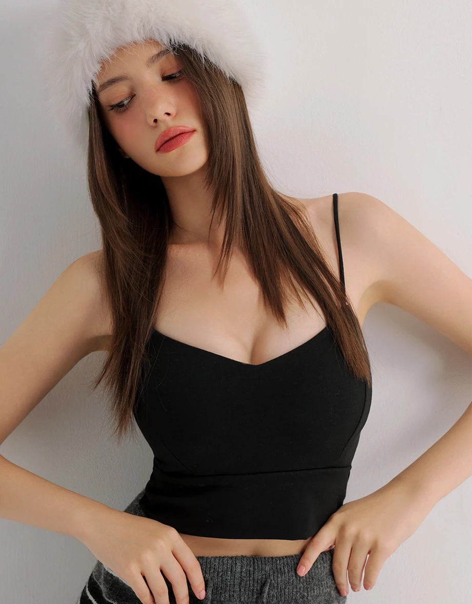 【Heat Tech】Soft Stretch V Neck Padded Cropped Cami Bra Top