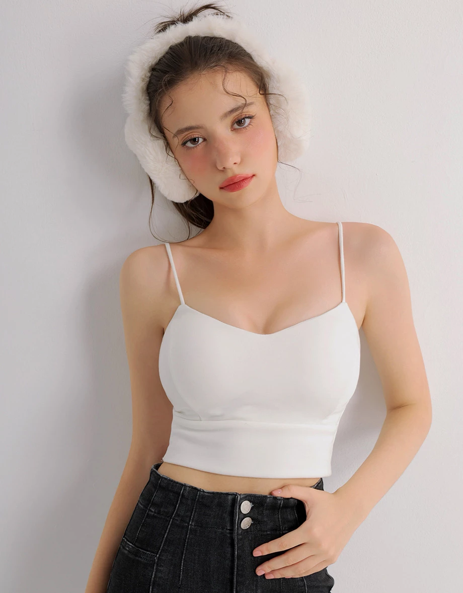 【Heat Tech】Soft Stretch V Neck Padded Cropped Cami Bra Top