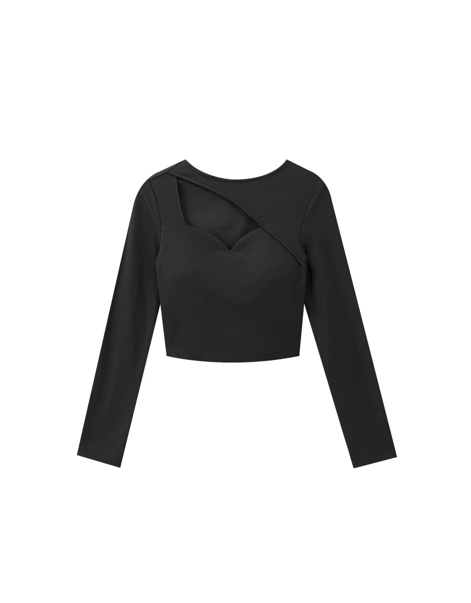 【Heat Tech】Long Sleeve Asymmetric Cut Out Neckline Fitted Padded Bra Top 【Heat Tech】Long Sleeve Asymmetric Cut Out Neckline Fitted Padded Bra Top