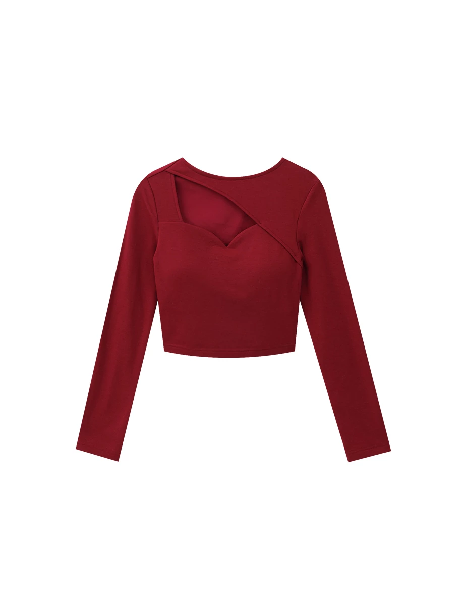 【Heat Tech】Long Sleeve Asymmetric Cut Out Neckline Fitted Padded Bra Top