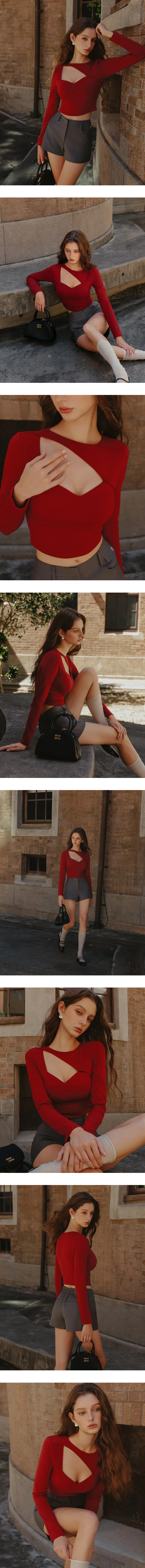 【Heat Tech】Long Sleeve Asymmetric Cut Out Neckline Fitted Padded Bra Top 【Heat Tech】Long Sleeve Asymmetric Cut Out Neckline Fitted Padded Bra Top