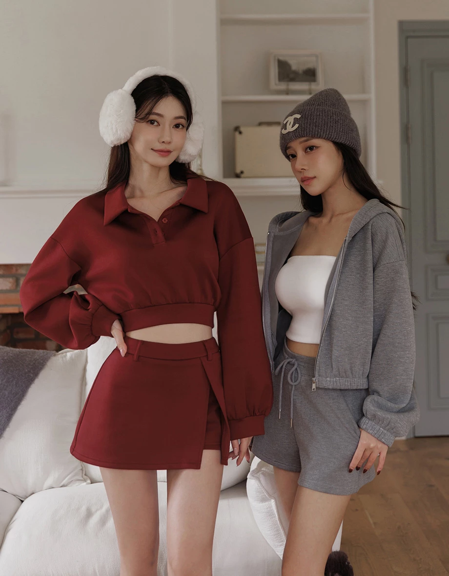 Polo Collar Long Sleeve Cropped Sweatshirt Polo Collar Long Sleeve Cropped Sweatshirt