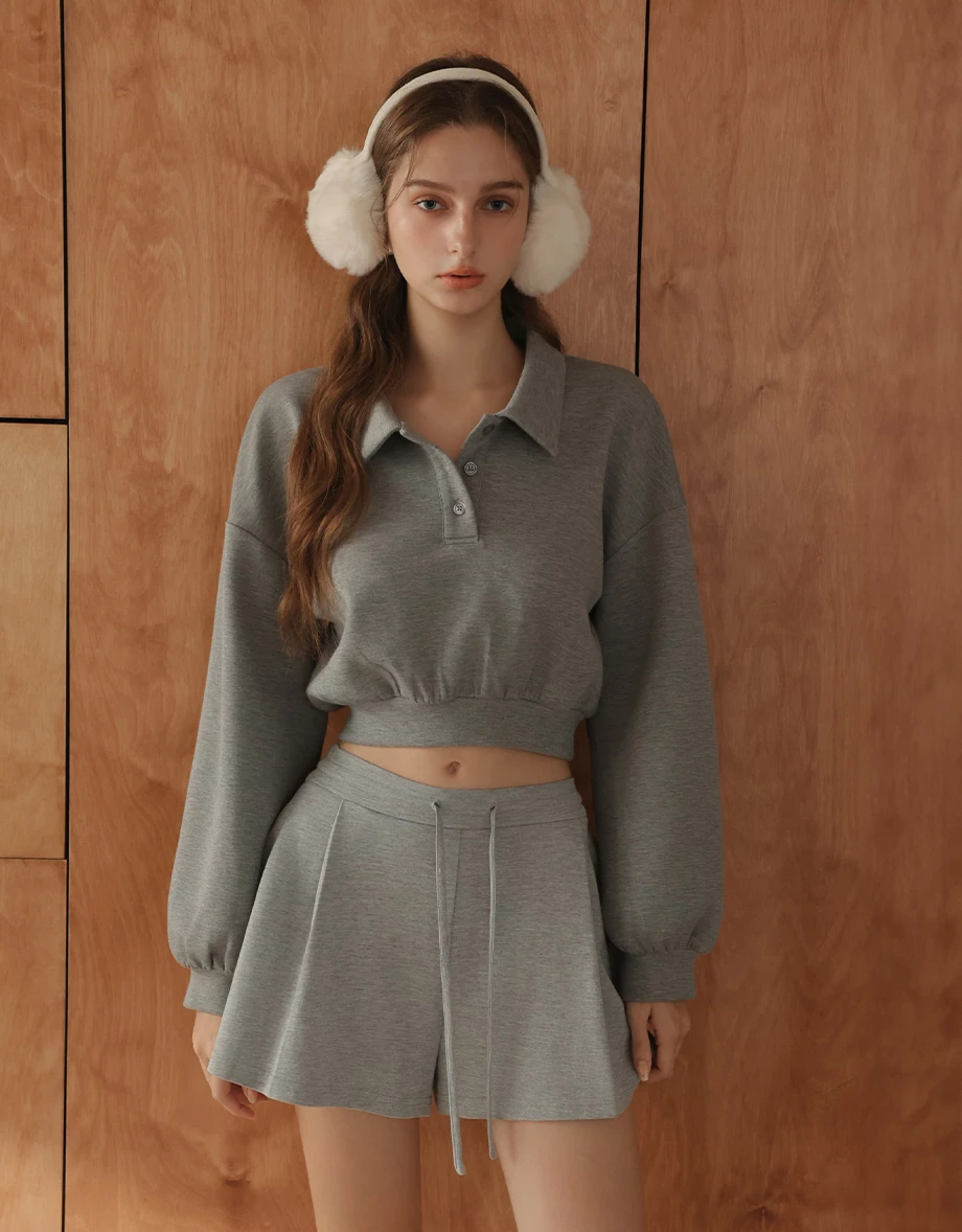 Polo Collar Long Sleeve Cropped Sweatshirt Polo Collar Long Sleeve Cropped Sweatshirt