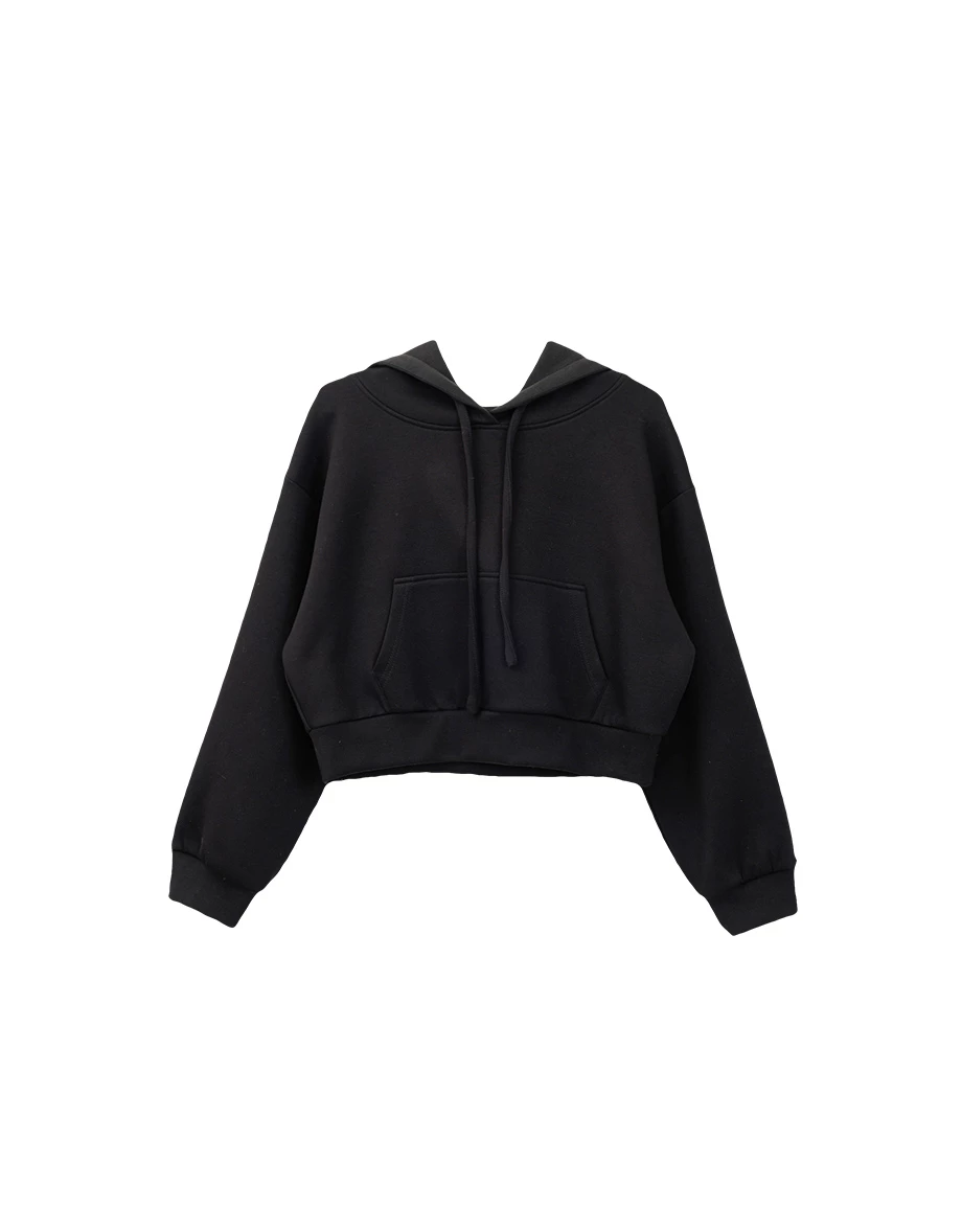 Cotton Fleece Cropped Hooded Sweat Top with Front Pocket Design Cotton Fleece Cropped Hooded Sweat Top with Front Pocket Design