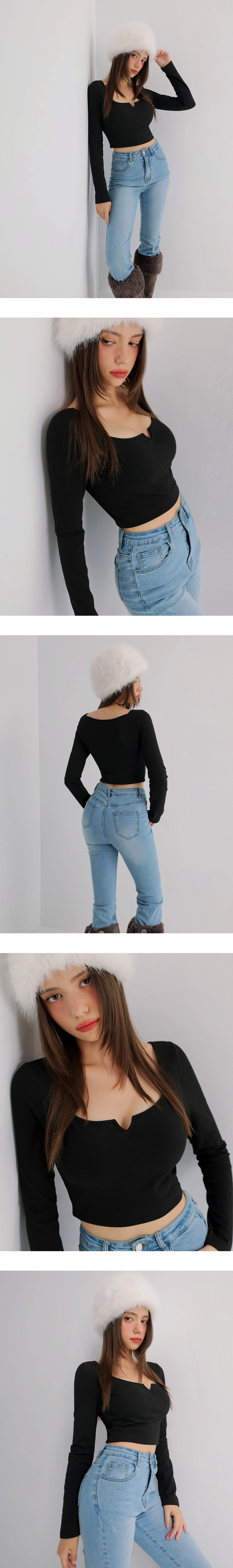 【Heat Tech】V Cut Neckline Fitted Long Sleeve Padded Cropped Bra Top 【Heat Tech】V Cut Neckline Fitted Long Sleeve Padded Cropped Bra Top