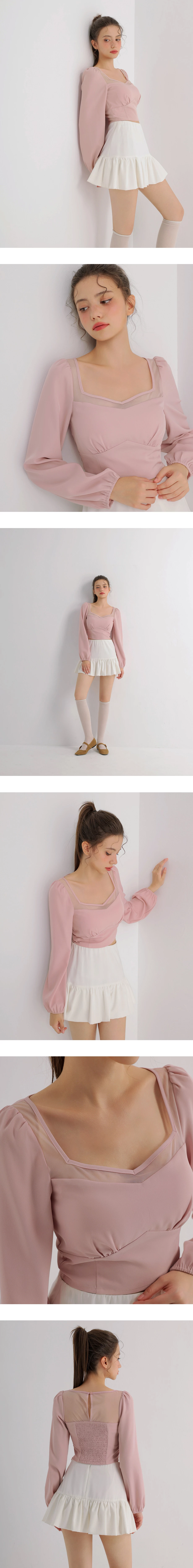 Mesh Panel Sweetheart Neck Long Sleeve Blouse Mesh Panel Sweetheart Neck Long Sleeve Blouse