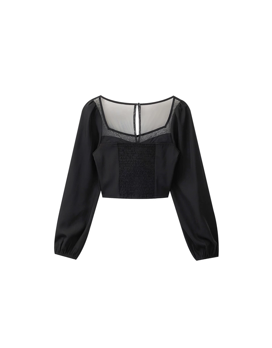 Mesh Panel Sweetheart Neck Long Sleeve Blouse Mesh Panel Sweetheart Neck Long Sleeve Blouse