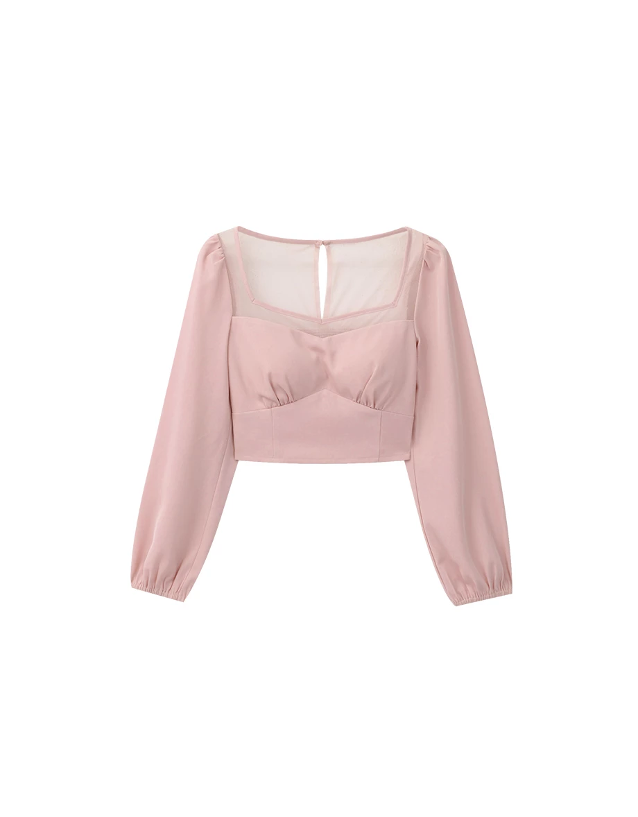 Mesh Panel Sweetheart Neck Long Sleeve Blouse Mesh Panel Sweetheart Neck Long Sleeve Blouse