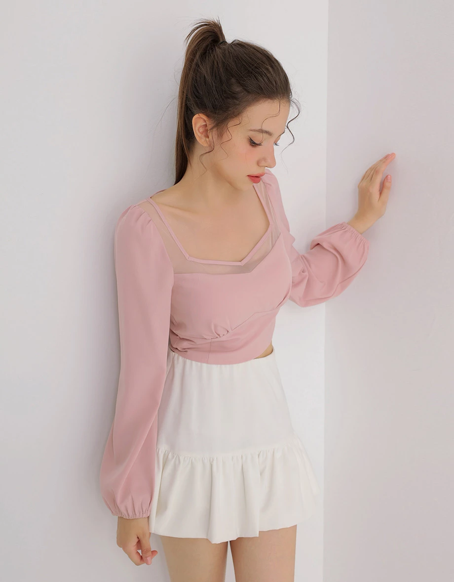 Mesh Panel Sweetheart Neck Long Sleeve Blouse