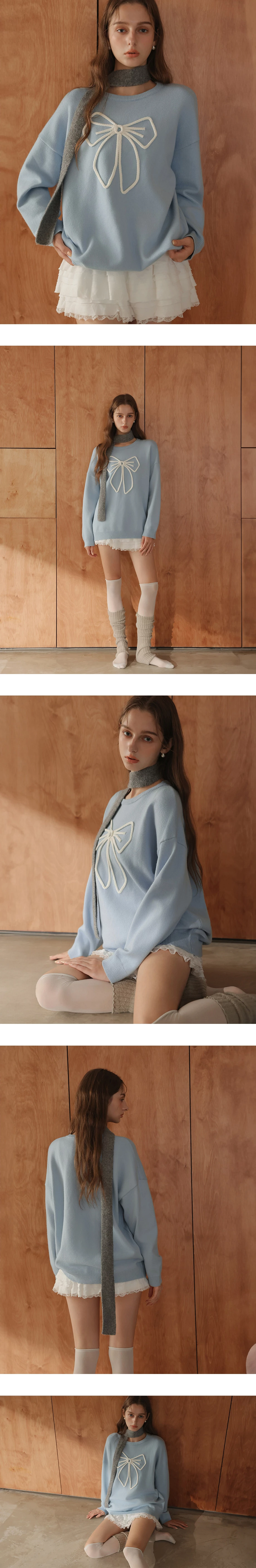 Oversized Bowknot Embroidery Knit Sweatshirt
