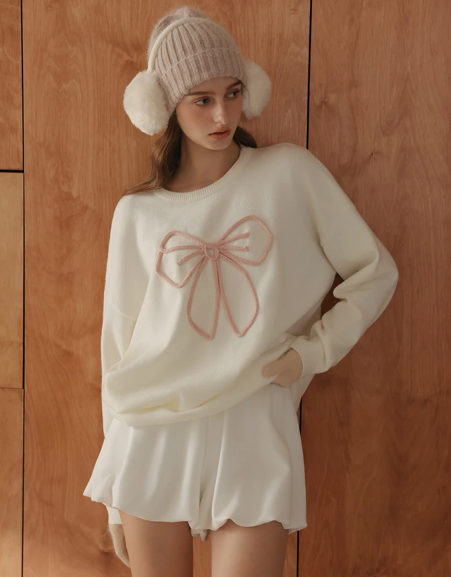 Oversized Bowknot Embroidery Knit Sweatshirt Oversized Bowknot Embroidery Knit Sweatshirt