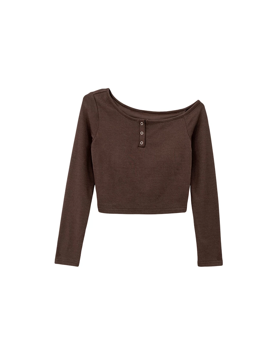 Asymmetric Neckline Snap Button Fitted Long Sleeve Padded Bra Top