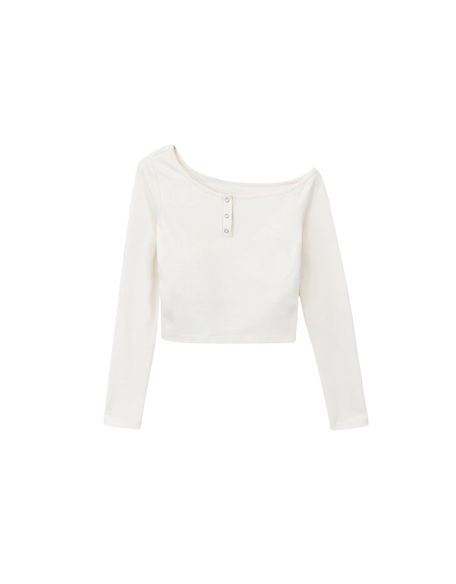 Asymmetric Neckline Snap Button Fitted Long Sleeve Padded Bra Top