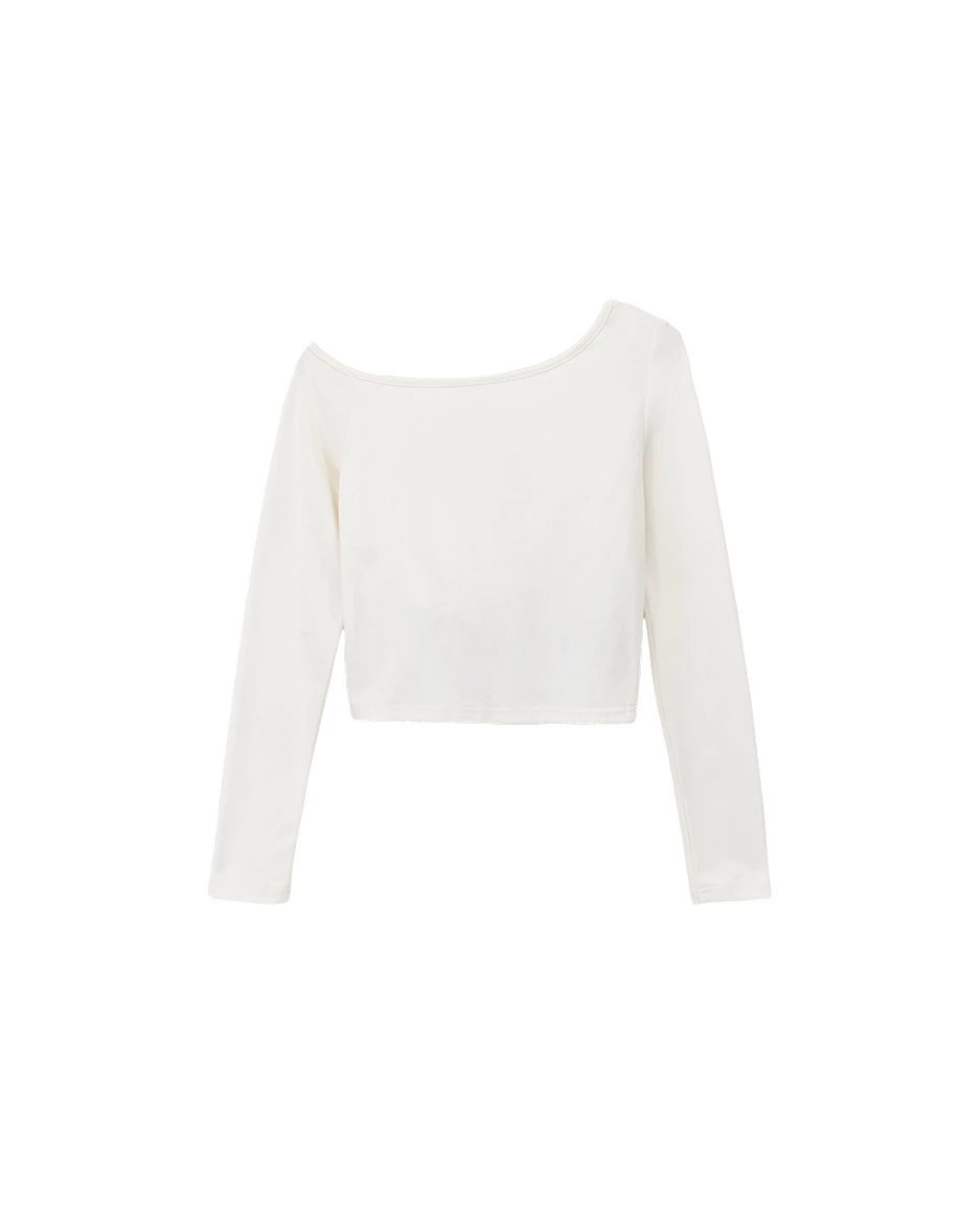 Asymmetric Neckline Snap Button Fitted Long Sleeve Padded Bra Top